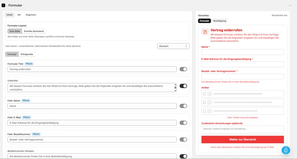 Formular-Editor der App mit Live-Vorschau