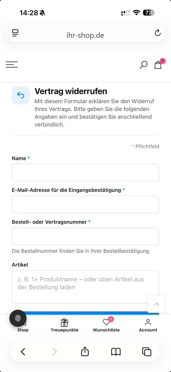 Widerrufsformular auf dem Smartphone