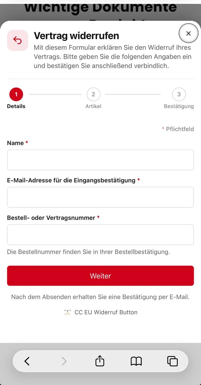 Widerrufsformular als Popup mit Schritten
